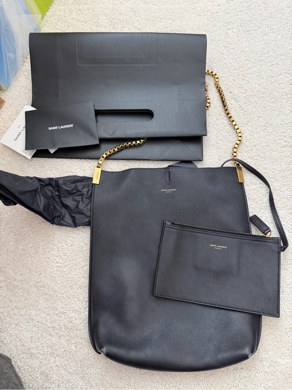 Saint Laurent Black Leather Shoulder Tote with Gold Chain Strap